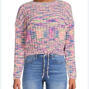 No Boundaries Colorful Knit cropped Sweater with Drawstring